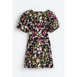 NWT h&m Open Tie backed Mini Dress Puff Sleeves Black/floral XS Cottagecore